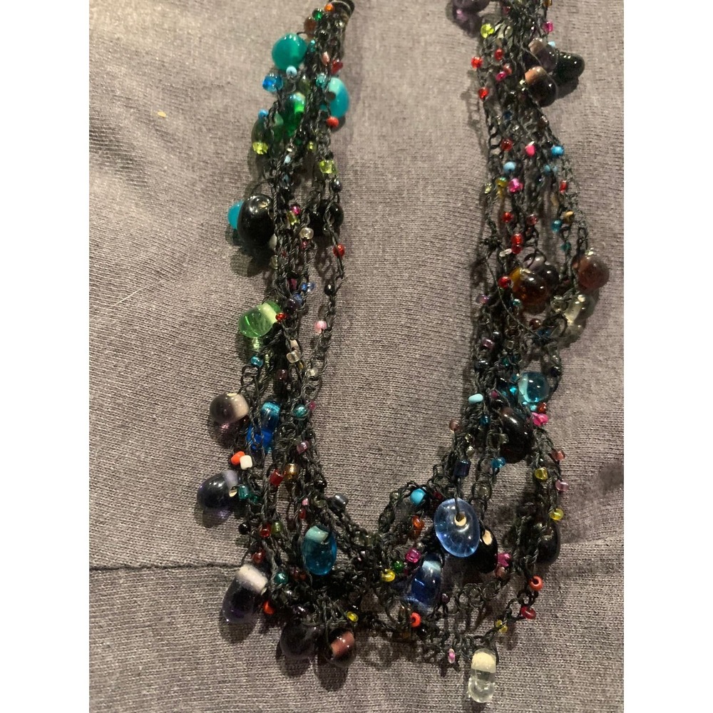 Artisan Handcrafted Crochet Multi Strand Glass Bead Statement Necklace Black 20"